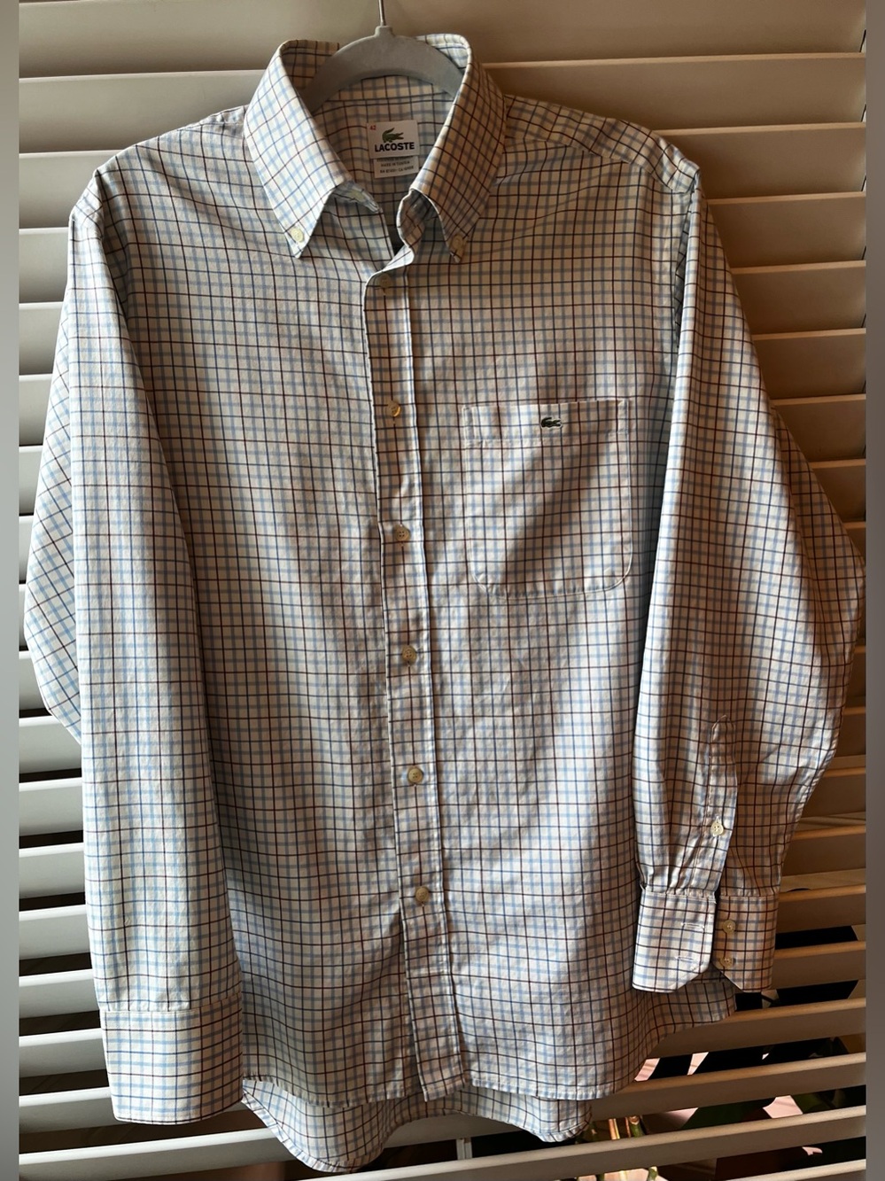 Lacoste Men's Light Blue and White Check Button-Down Shirt - Picture 2 of 12